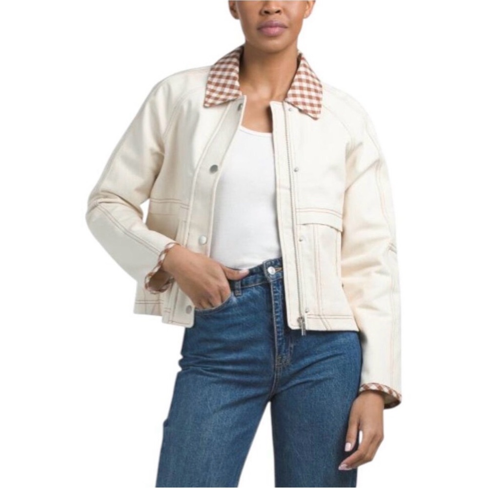 Bagatelle Collections Denim Cream Jacket with Gingham Collar small nwt